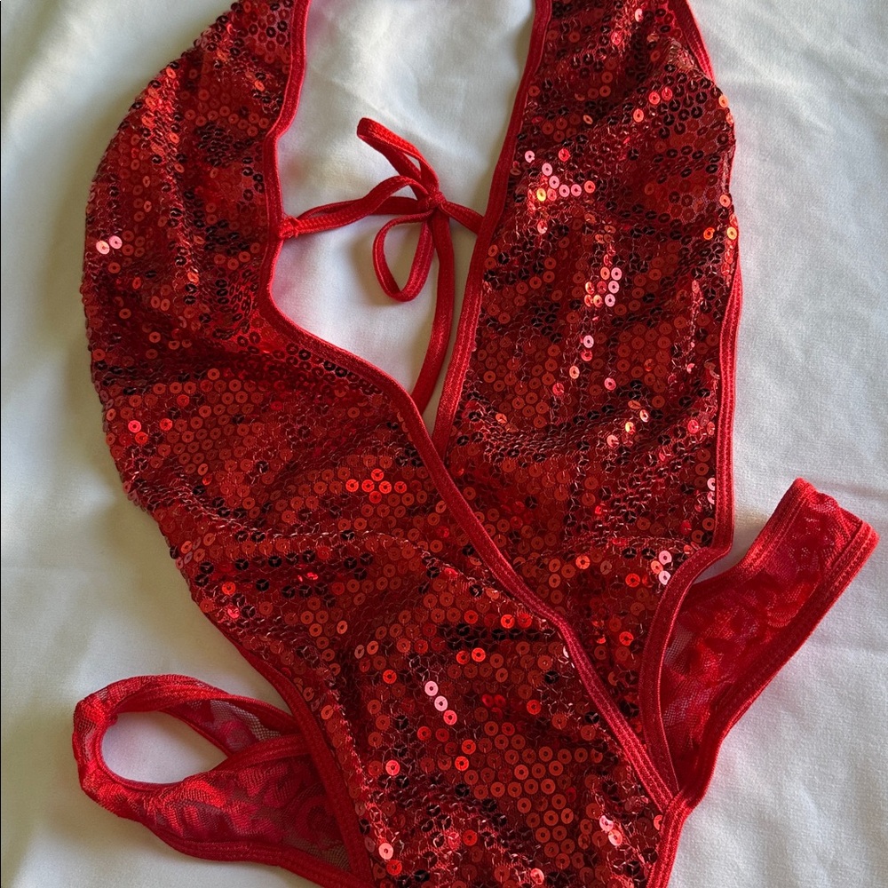 Red Sequin Halter Bodysuit